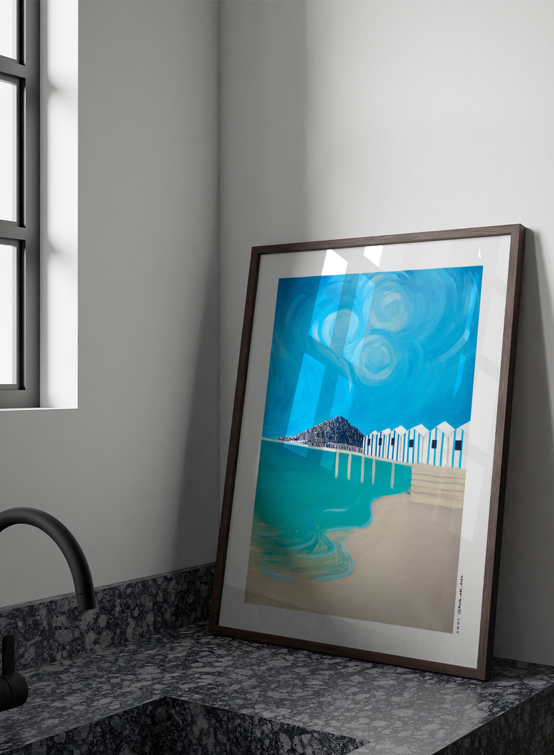 Vibrant Coastal Huts by Awol Art Alex is a modern coastal art print featuring striped beach huts, turquoise water, bold blue sky, and graphic seaside style.