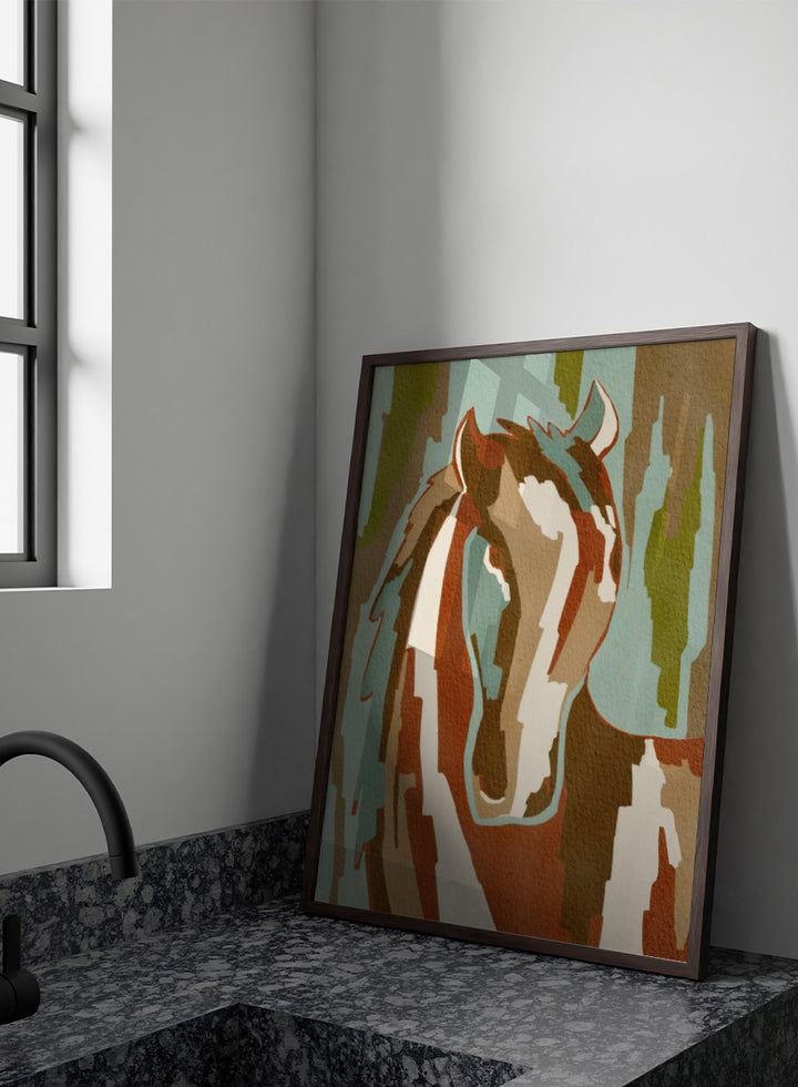 Shop Abstract Horse Portrait by Nikita Jariwala, a modern horse wall art print featuring a stylized equine portrait, bold shapes, and earthy rust, blue, and cream tones.