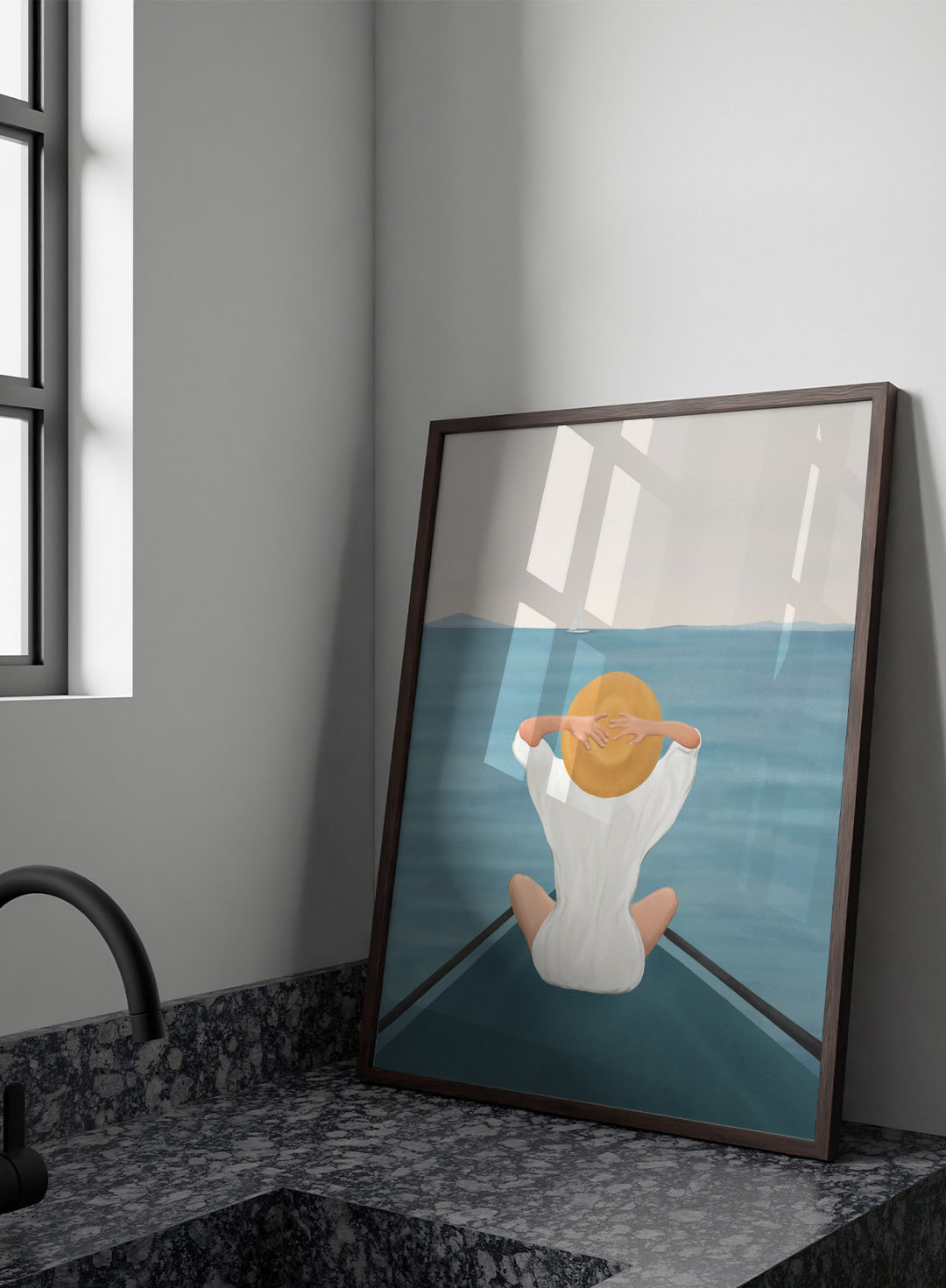 Person sitting on a dock over water wearing a white dress and straw hat. Ocean Escape by Flow Line features a woman sitting on a boat overlooking the sea, creating a coastal art print inspired by travel, summer, and ocean living.