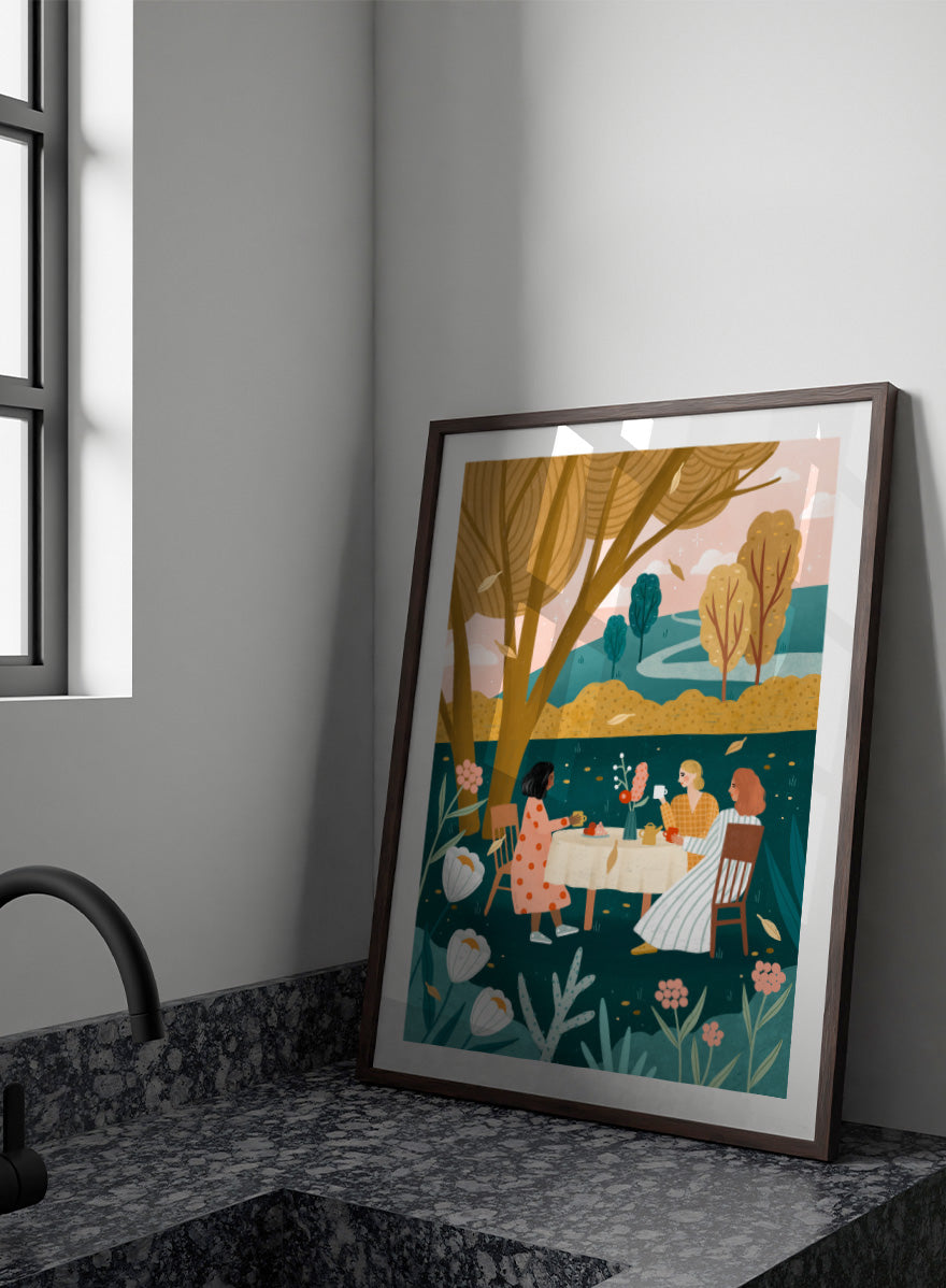 Shop Autumn Tea Party by Bea Müller, a figurative wall art print poster featuring three friends sharing tea in a garden surrounded by warm green autumn scenery.