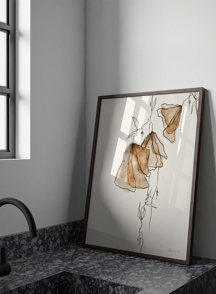 Shop Soft Watercolor Blooms by Ankie Kooi, an abstract floral wall art print poster with watercolor flowers, botanical line art, brown, cream, and green.