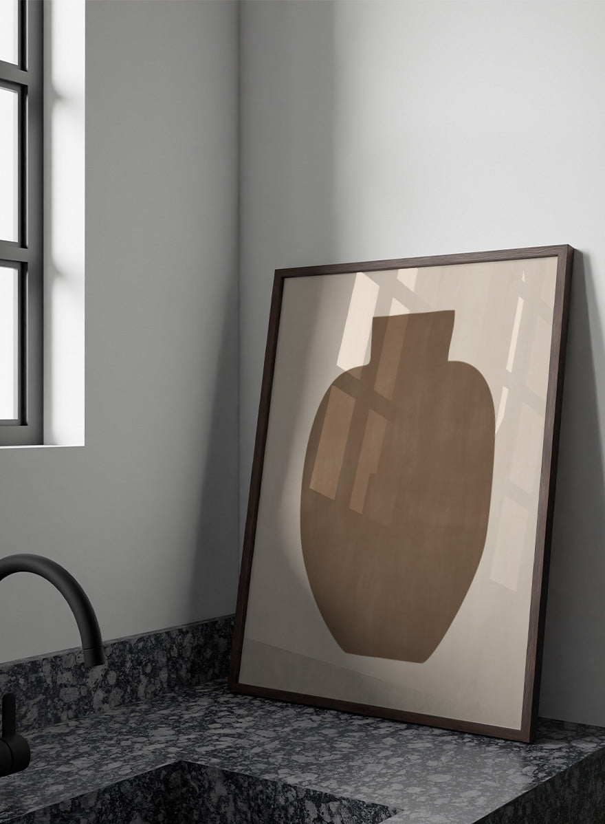 Shop Earthy Abstract Vase by Elena Ristova, a modern minimalist wall art print poster featuring an oversized brown vase silhouette on a soft cream background.