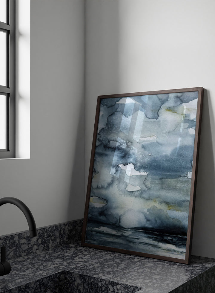 Shop Moody Sea Horizon by Helena Ryhle, a watercolor sea landscape wall art print poster with a blue-grey horizon and atmospheric coastal mood.