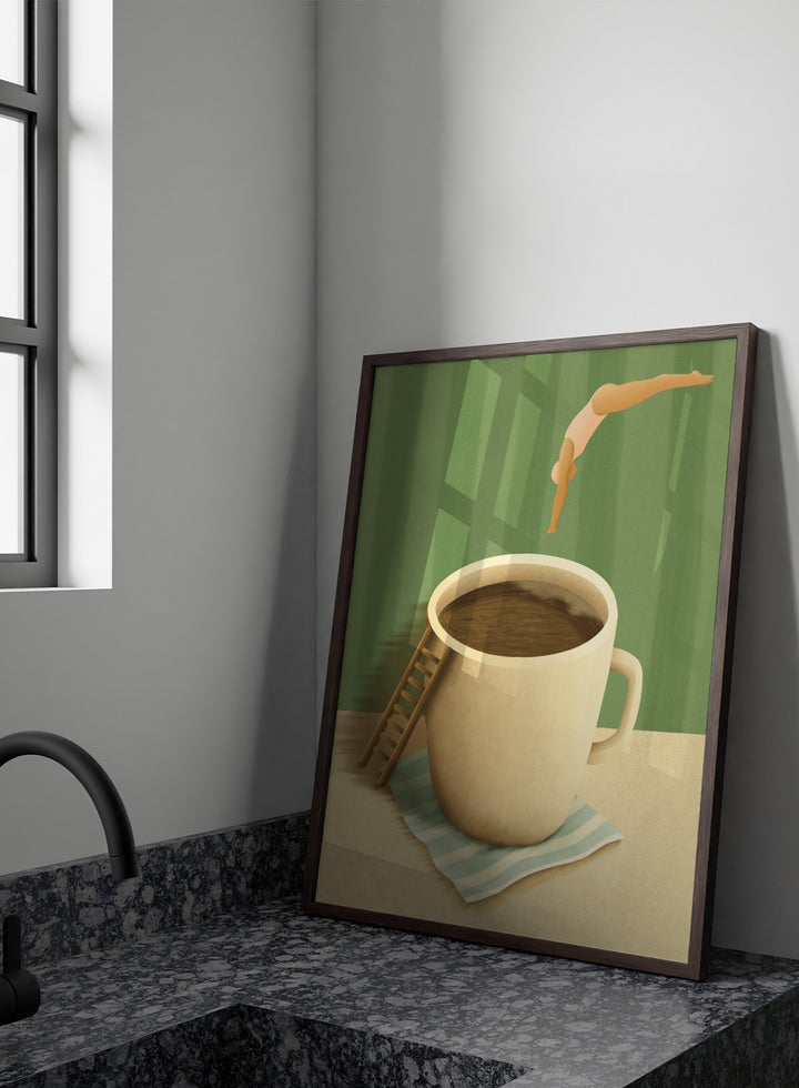 A whimsical illustrated scene showing a large beige mug filled with dark brown coffee on a striped napkin, with a small wooden ladder leaning against the mug and a diver mid-jump above the cup against a green striped background. Morning Coffee Dive by Lisa Solomoniuk premium framed fine art print featuring a tiny diver above an oversized coffee cup with a miniature ladder.