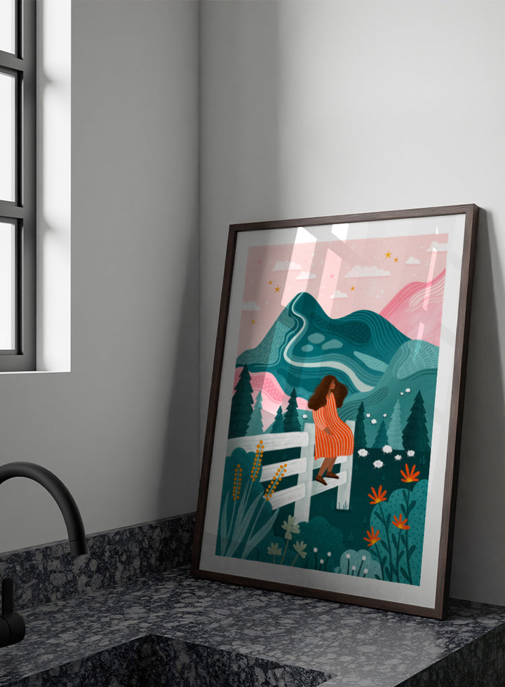 Shop Woman Rural Starry Night by Bea Müller, a figurative landscape wall art print poster featuring a woman, mountain scenery, wildflowers, and a pink starry sky.