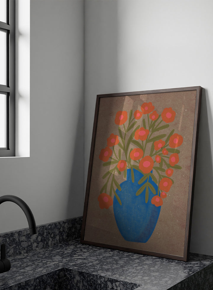A stylized floral artwork showing orange flowers with pink centers and green stems arranged in a blue vase against a textured tan background. Shop Rustic Orange Floral Vase by Nikita Jariwala, a modern floral wall art print poster featuring a blue vase, orange flowers, and bold botanical style.