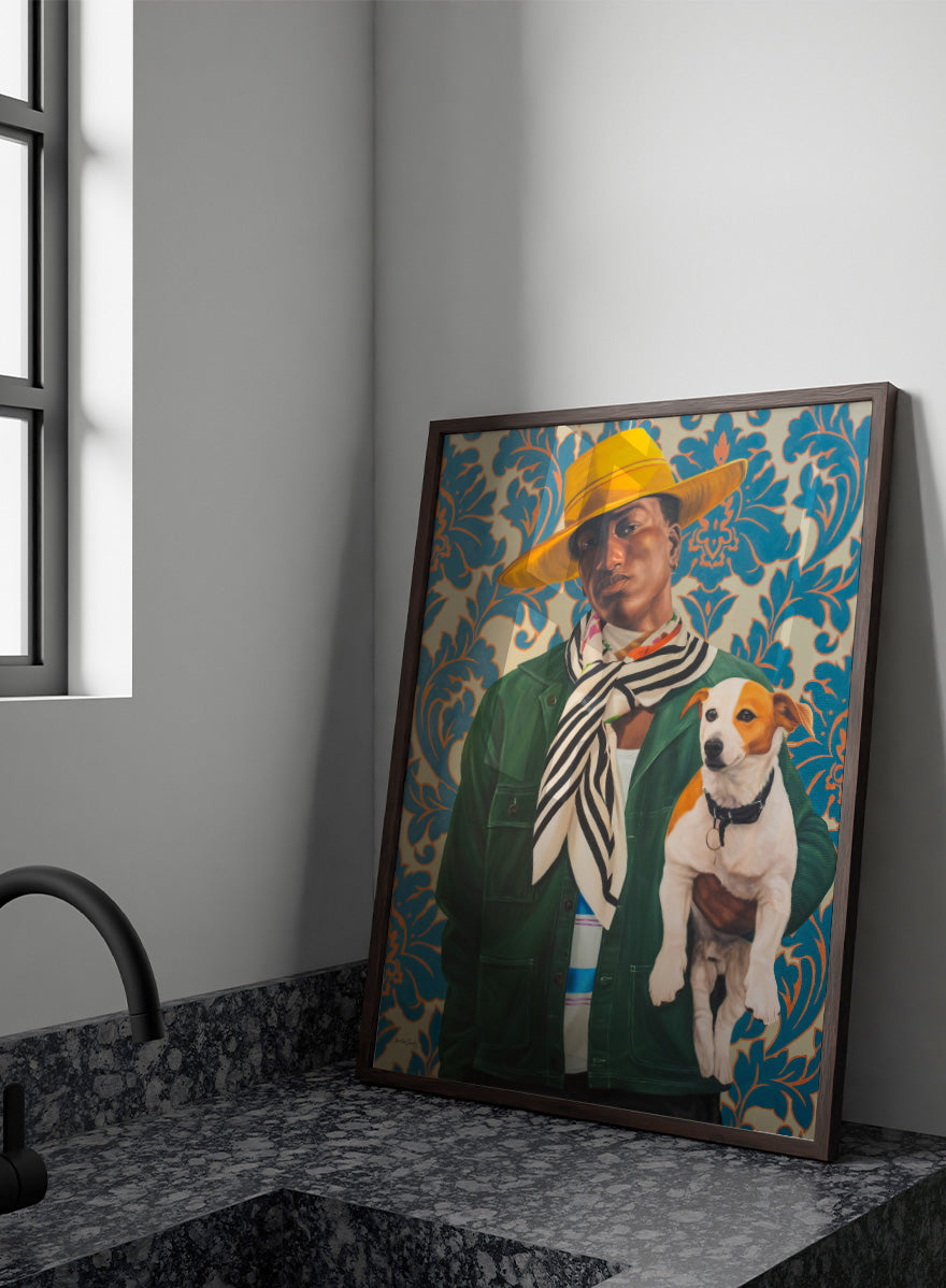 A stylized portrait painting of a person wearing a wide yellow hat, green jacket, and striped scarf, holding a white and tan dog against a blue and beige damask-patterned background. Shop Stylish Man and Dog by Damilare Jamiu, a contemporary figurative wall art print featuring a stylish man, small dog, bold fashion, and rich green and blue tones.