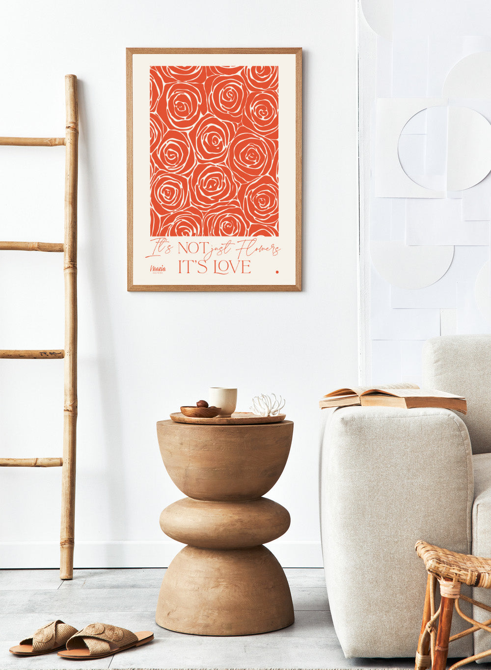 Pattern of red roses with text 'It's NOT just flowers IT'S LOVE' on a beige background. About Love. Smell of Roses by Maria Galybina is a floral art print with coral rose patterns and romantic typography. Modern love wall poster.