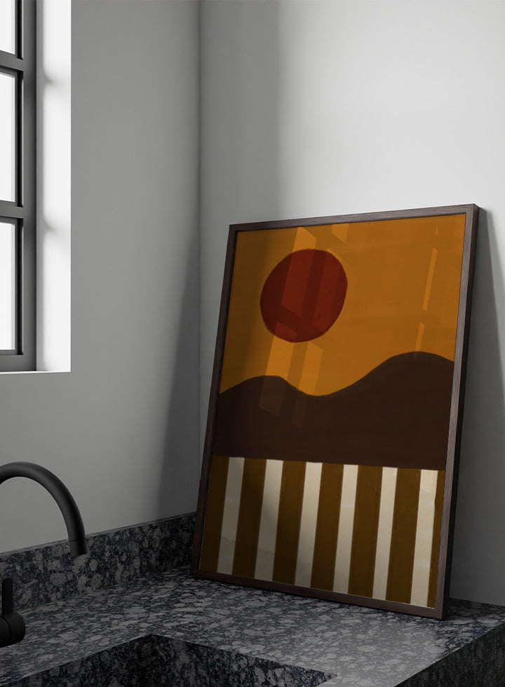 A minimalist abstract landscape art print featuring a dark brown sun over a wavy horizon, with vertical brown and cream stripes at the bottom. Minimalist Desert Sun by The Art Concept landscape art print featuring a red sun, dark rolling hills, warm ochre tones, and bold vertical stripes.