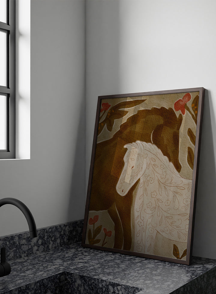 Shop Gentle Floral Horses by Nikita Jariwala, a decorative horse wall art print featuring two horses, botanical pattern, folk-inspired detail, and warm earthy tones.