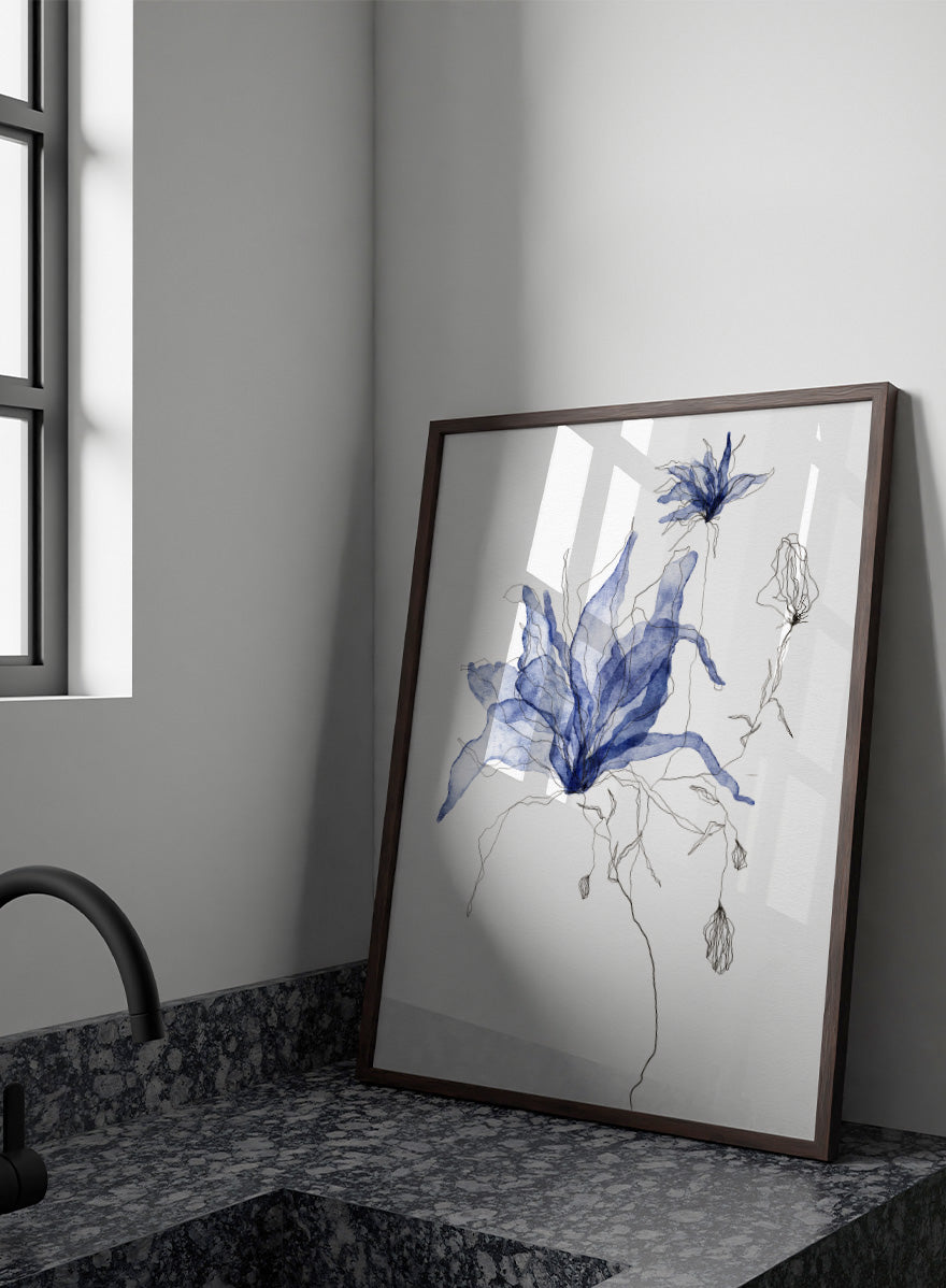Abstract botanical art print featuring layered, semi-transparent blue flower silhouettes with fine black sketch lines on a white background. Shop Indigo Watercolor Florals by Ankie Kooi, a floral wall art print poster with blue watercolor flowers, botanical line art, buds, and white background.