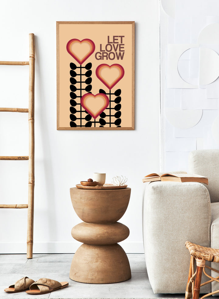 Decorative poster with hearts and leaves on a beige background with 'Let Love Grow' text. Let Love Grow by Frances Collett art print featuring heart-shaped flowers, bold stems, and retro colors. Officially licensed wall poster with optional framing.