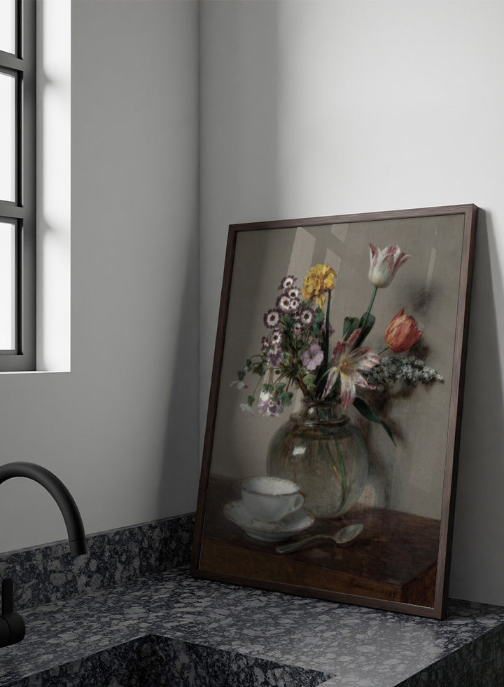 Shop Still Life with a Cup of Coffee by Henri Fantin-Latour, a vintage floral wall art print poster featuring a coffee cup and bouquet in soft brown tones.