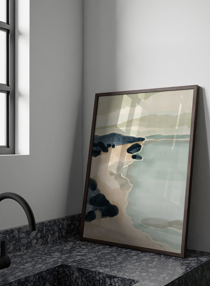 Shop Coastal Serenity by Nikita Jariwala, a modern coastal wall art print featuring a soft shoreline, abstract seascape, rocky beach, and pale blue, sage, and cream tones.