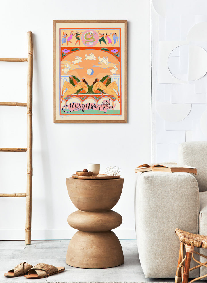Decorative artwork with animals and people in a stylized setting. Rabbit Jumps Over the Moon by Arty Guava is a surreal art print with rabbits, dancers, and a tiger in bold color. Officially licensed wall poster.