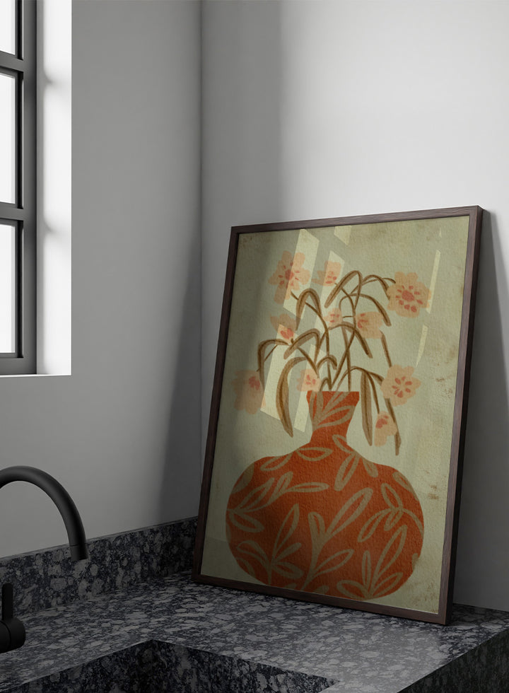 Shop Terracotta Vase Blossoms by Nikita Jariwala, a botanical wall art print featuring a terracotta vase, soft florals, and warm earthy rust and sage tones.