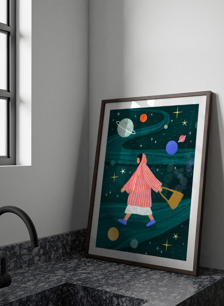 Shop Dreamy Space Walk by Bea Müller, a figurative wall art print poster featuring a woman walking through a whimsical outer space landscape in deep green tones.