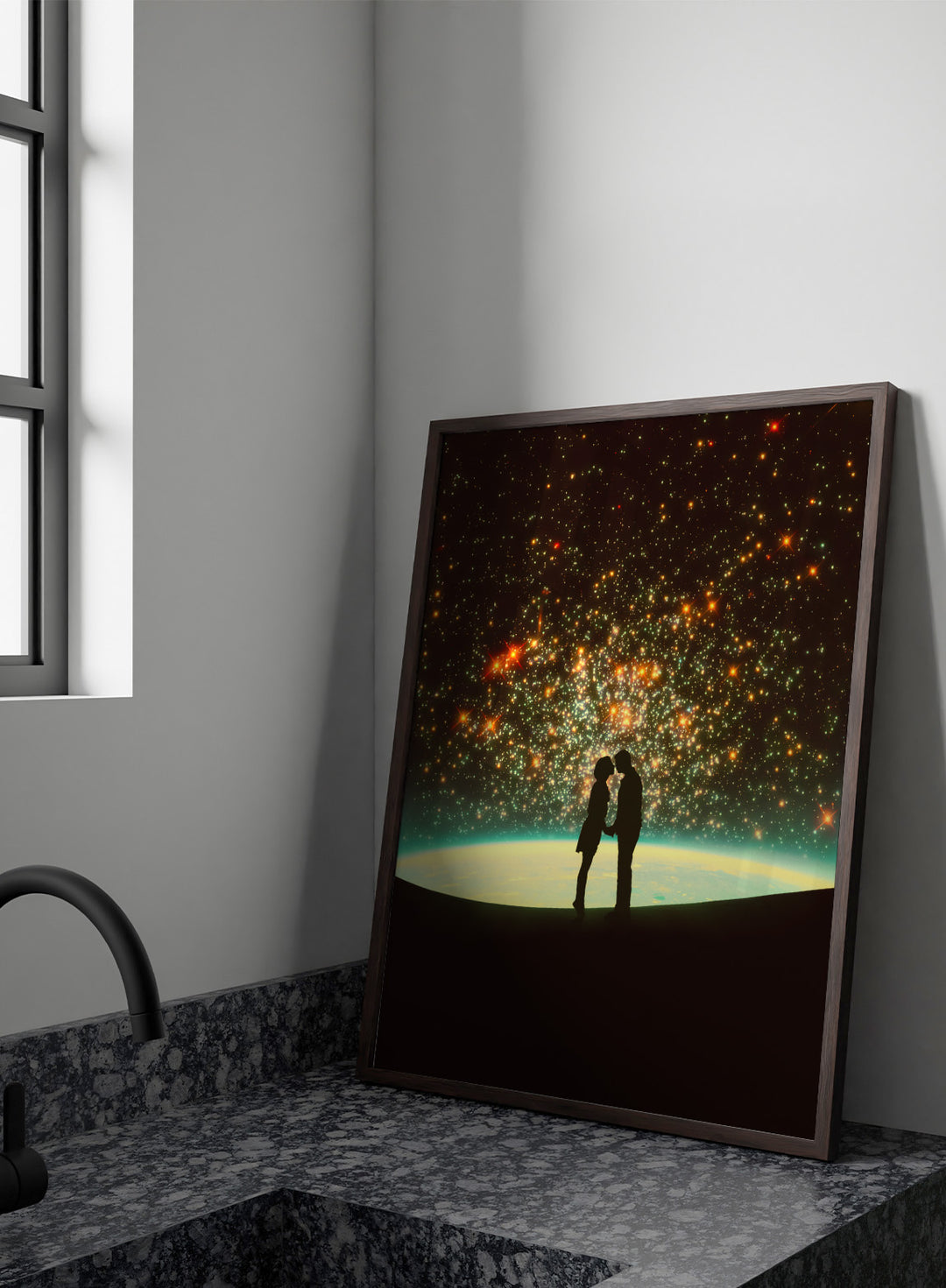 Silhouette of a couple against a starry night sky with Earth in the background. A Cosmic Kiss by Taudalpoi romantic couple silhouette art print with glowing stars and cosmic horizon surreal poster wall art.