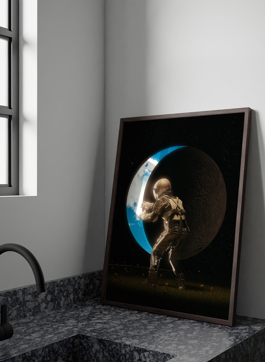 Astronaut standing on a moon-like surface with Earth visible through a crater. Astronaut Holding the Moon by Nicebleed is a surreal space art print featuring an astronaut pushing a crescent moon, modern aesthetic wall poster.