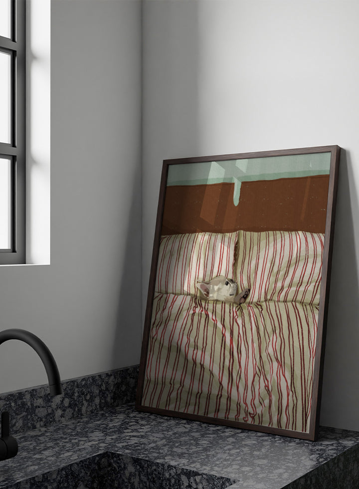 A cozy bed setup with beige and red striped bedding, two matching pillows, and a small gray cat curled up on the duvet. The background features a brown textured headboard and a mint green wall at the top. Shop Cozy Dog in Bed by Lisa Solomoniuk, a playful dog animal art print featuring a pup tucked into striped bedding with a warm, cozy bedroom feel.