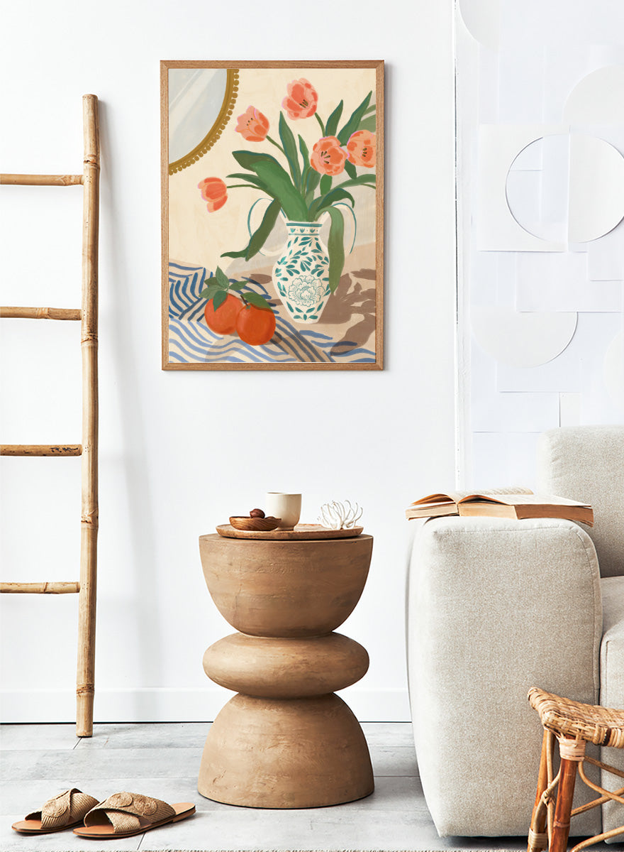 Fresh Tulips and Oranges by Katarzyna Gąsiorowska botanical still life art print with coral flowers, citrus fruit, and a patterned ceramic vase.