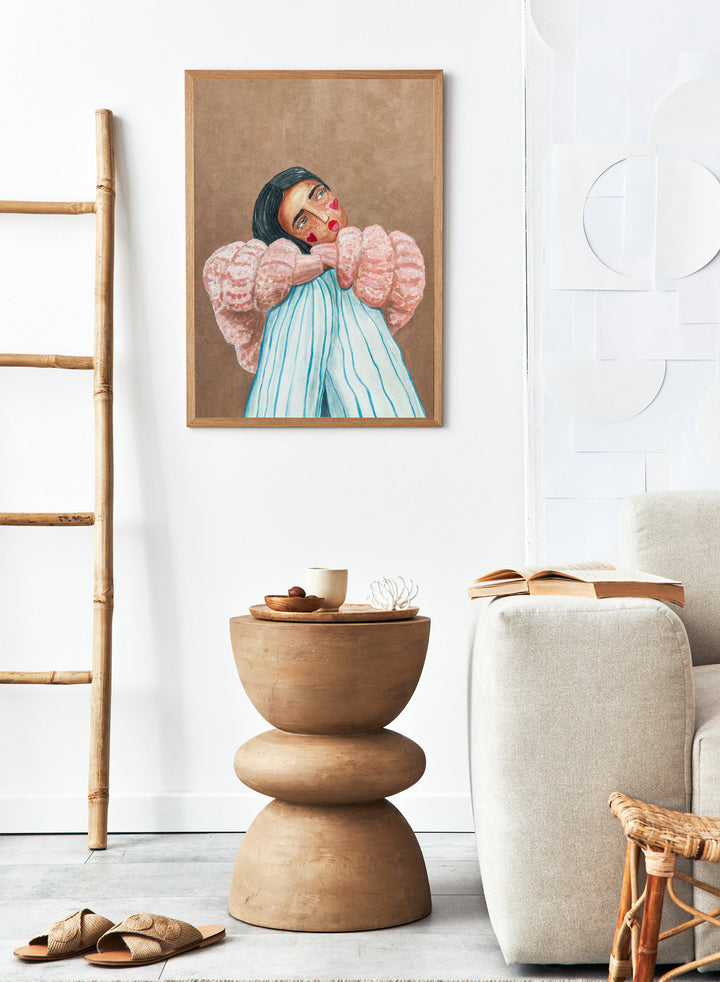 Artistic illustration of a person with large, textured sleeves against a brown background. Dreaming Girl by Raissa Oltmanns is a modern woman portrait art print with soft watercolor style, cozy pink jacket illustration, and contemporary wall poster.