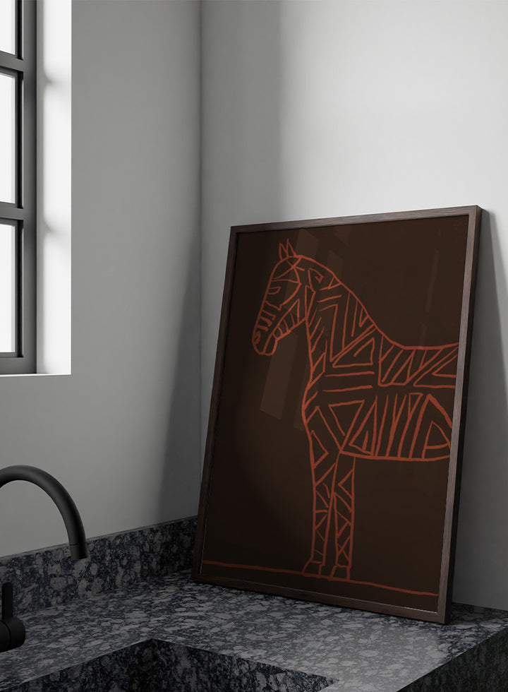 A minimalist art print featuring a stylized horse silhouette outlined in terracotta red on a dark brown background. Horse Line Art by The Art Concept animal art print featuring a stylized horse, geometric linework, warm rust tones, and a deep brown background.