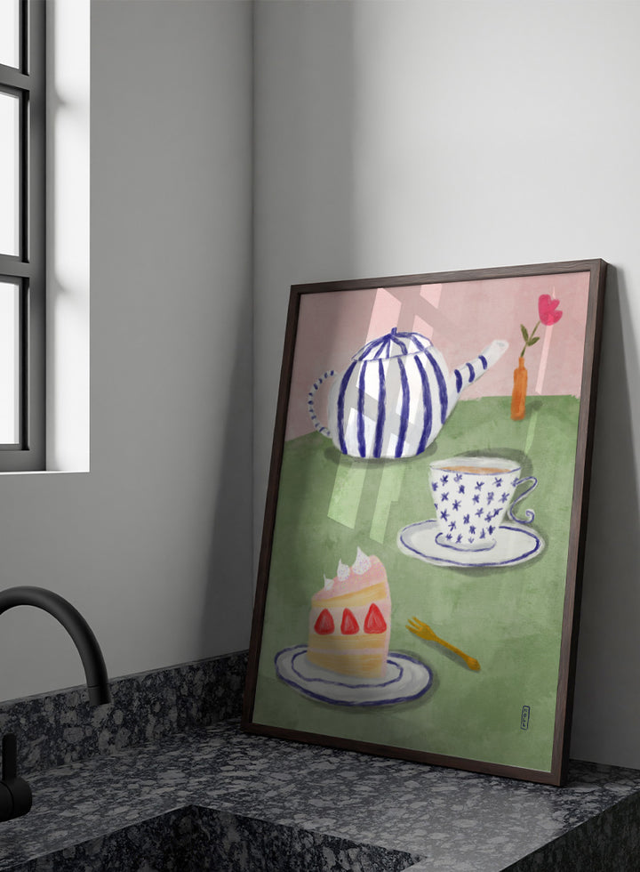 A whimsical watercolor-style illustration of a tea-time scene with a blue-and-white striped teapot, a blue-and-white patterned teacup and saucer, a slice of strawberry cake on a plate, a small gold fork, and a pink background with a vase holding a flower. Shop Strawberry Tea Time by Dirkie Nell, a colorful still life art print featuring strawberry cake, tea, a striped teapot, pink flowers, and retro pastel tones.