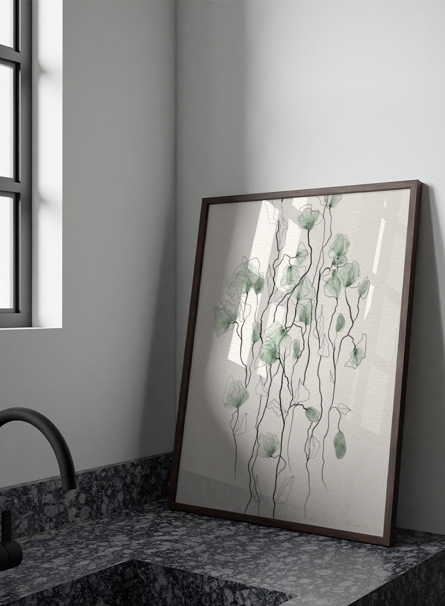 Shop Flowing Green Florals by Ankie Kooi, a botanical wall art print poster with green flowers, watercolor florals, and delicate line art stems.
