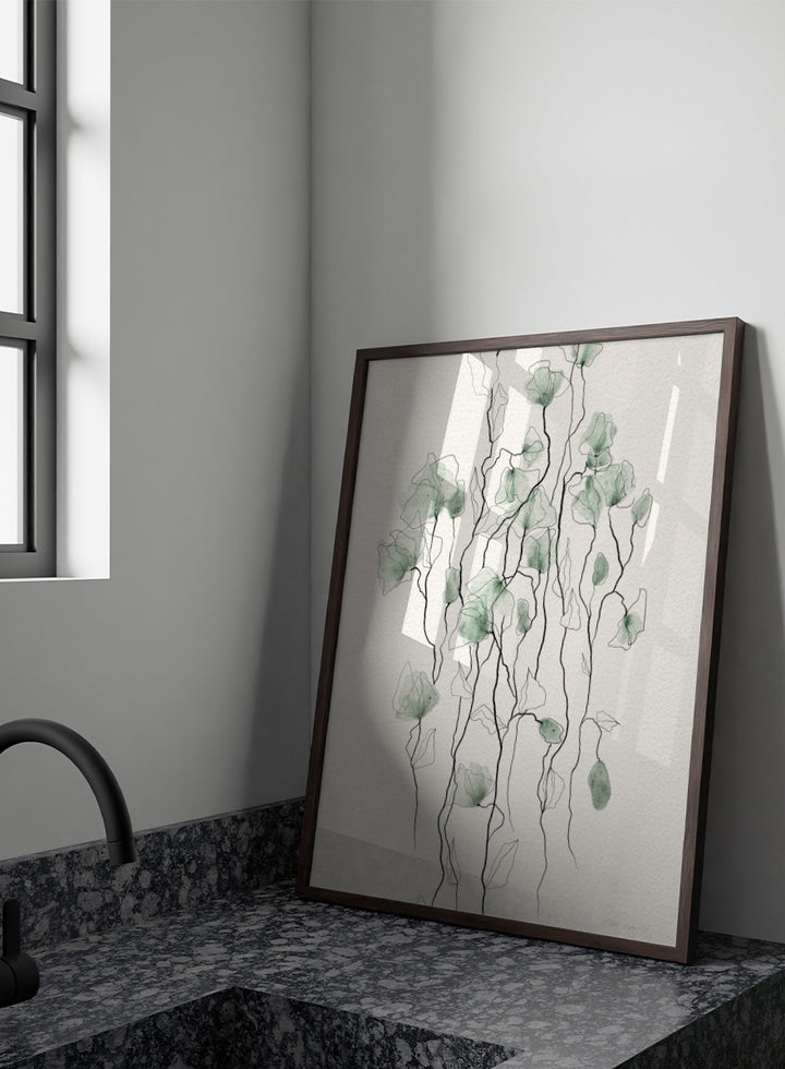 Shop Flowing Green Florals by Ankie Kooi, a botanical wall art print poster with green flowers, watercolor florals, and delicate line art stems.
