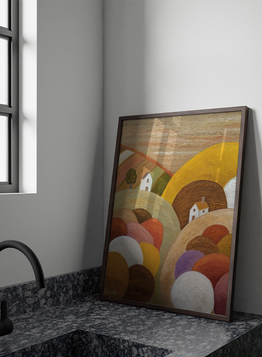 Shop Colorful Hillside Village by Angeles M. Pomata, an autumn landscape art print featuring rounded hills, tiny white houses, earthy tones, and rich oil texture.