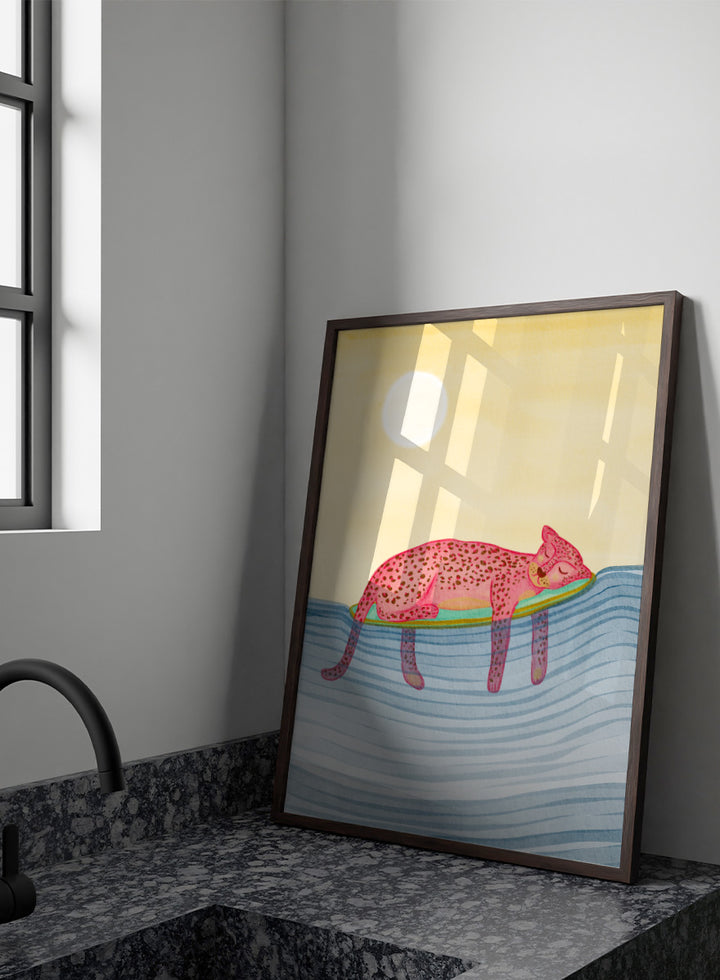 Shop Dreamy Leopard Float by Nikita Jariwala, a playful animal wall art print poster featuring a pink leopard relaxing on a pool float in blue water.