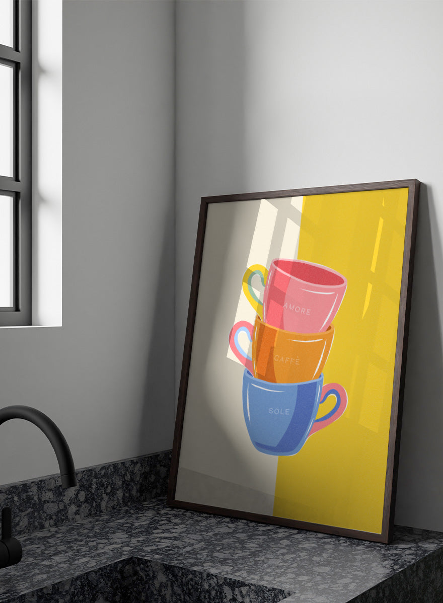 Shop Amore Caffè Sole Cups by Dominique Vari, a colorful kitchen wall art print poster featuring stacked coffee cups, Italian words, and retro café style.