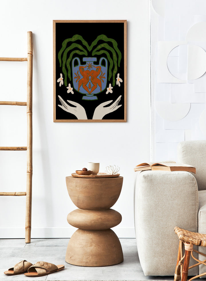 Decorative design with a blue urn, red figure, green leaves, and white flowers on a black background. Vessel Collection: Harmony by Arty Guava art print, modern vase wall poster with botanical illustration, contemporary minimalist line artwork.