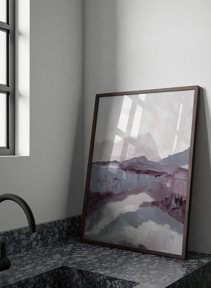 Shop Muted Mountain Landscape by Nikita Jariwala, an abstract mountain wall art print poster featuring misty peaks, layered scenery, and soft purple tones.