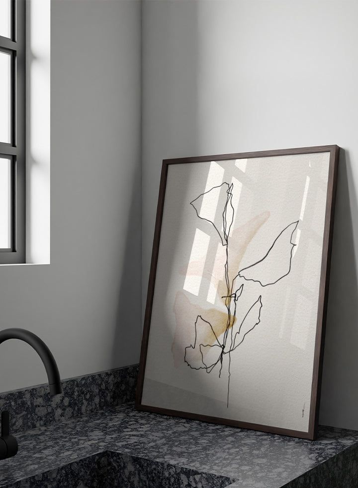 Shop Soft Blush Botanicals by Ankie Kooi, a modern botanical wall art print poster with minimalist line art, abstract leaves, blush pink, and soft ochre tones.