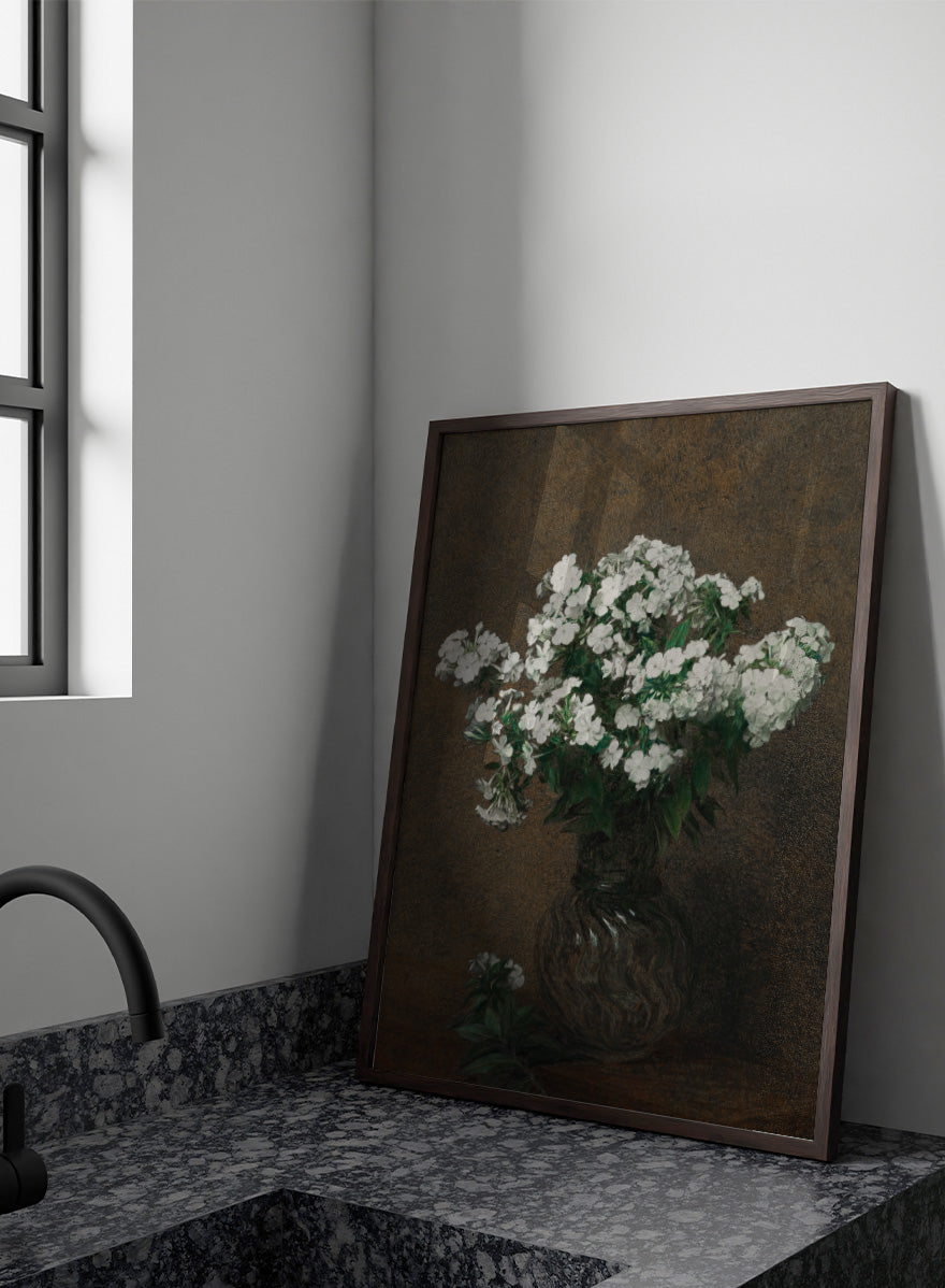 Shop White Phlox in a Vase by Henri Fantin-Latour, a vintage floral wall art print poster featuring a full bouquet of white phlox against a rich brown background.