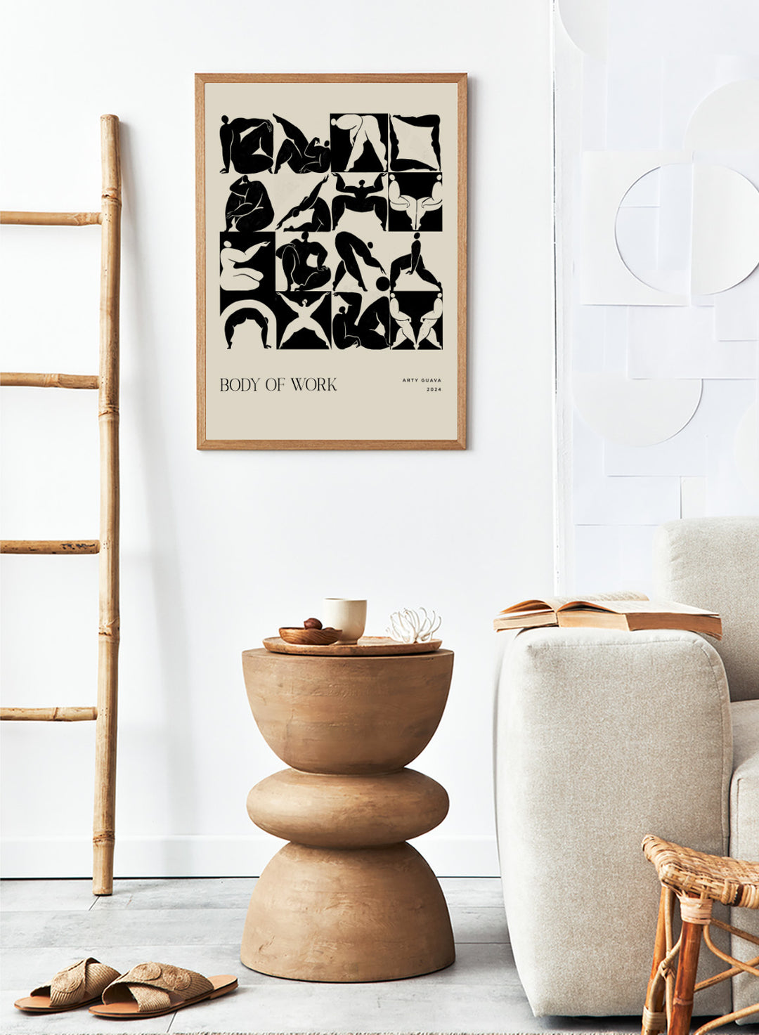 Artistic poster with black silhouettes of people on a beige background, featuring the text 'Body of Work' and 'Arty Guava 2024'. Body of Work (Forest) by Arty Guava is a modern figure art print with green silhouettes in motion. Officially licensed wall poster with framing.