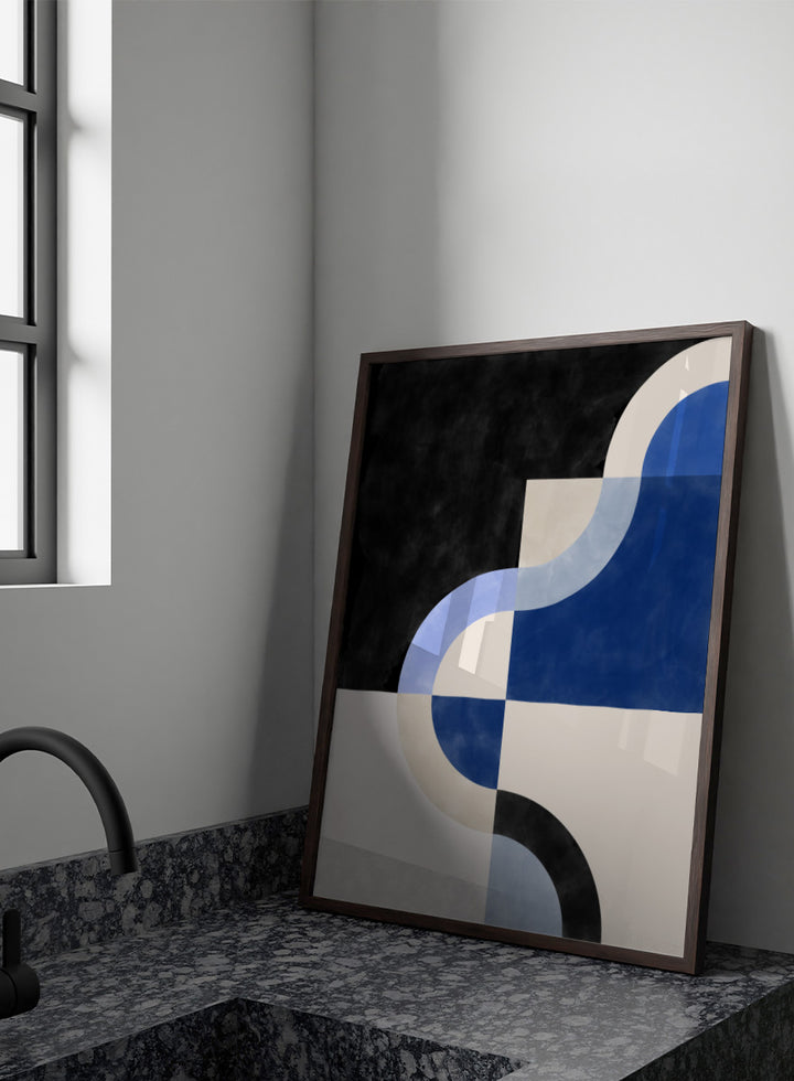 Shop Abstract Curves Flow by Elena Ristova, a modern abstract wall art print poster featuring sweeping blue curves, cream blocks, and bold black accents.