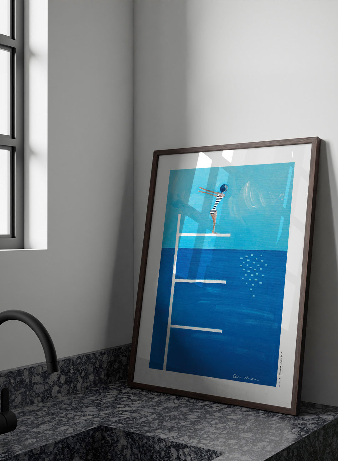 Ready to Dive by Awol Art Alex is a playful modern art print featuring a striped swimmer, tall diving board, vivid blue water, and retro summer style.