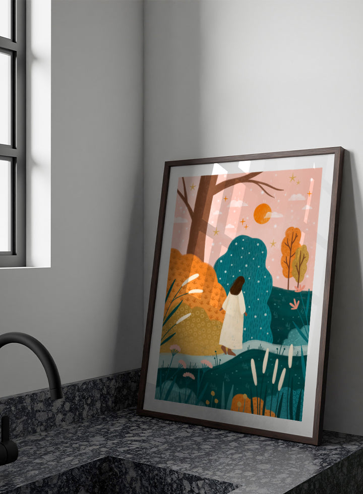 Shop Dreamy Path Exploration by Bea Müller, a figurative autumn landscape wall art print poster featuring a woman on a colorful garden path in blue and orange tones.