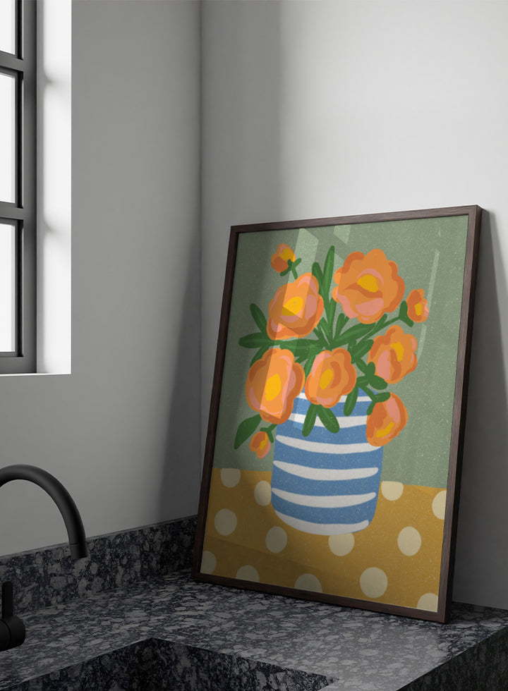 Shop Orange Floral Still Life by Nikita Jariwala, a floral wall art print poster featuring orange flowers in a blue striped vase with playful botanical details.