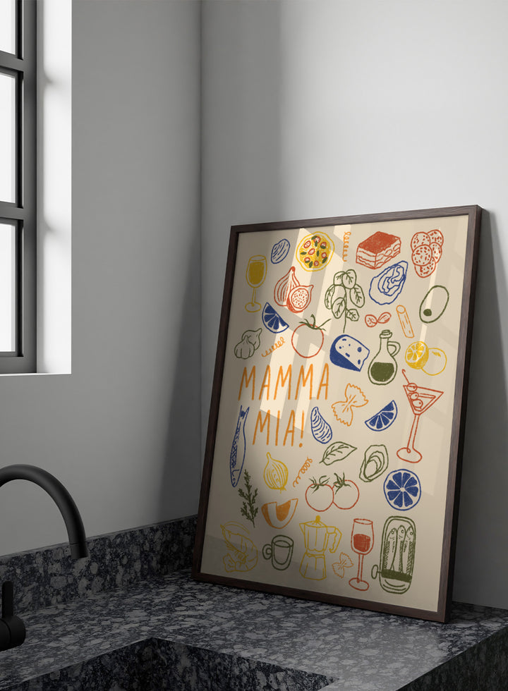A framed art print featuring a cream-colored background decorated with hand-drawn, colorful Italian-themed illustrations, including pasta, pizza, wine, tomatoes, and a coffee maker, with the text &