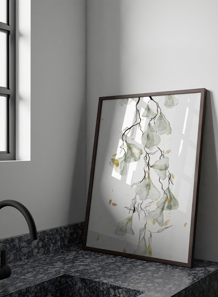 Shop Soft Green Botanicals by Ankie Kooi, a modern botanical wall art print poster with watercolor leaves, minimalist line art, soft green, yellow, and cream.