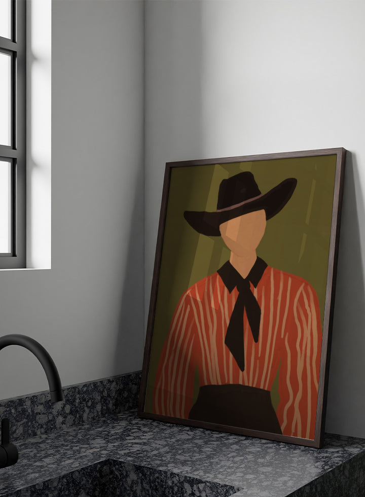 A stylized Western portrait painting of a person wearing a black cowboy hat, a red-orange and cream vertically striped shirt, and a black necktie against an olive green background. Modern Western Portrait by The Art Concept art print featuring a cowboy hat, striped rust shirt, neck scarf, and warm olive tones.