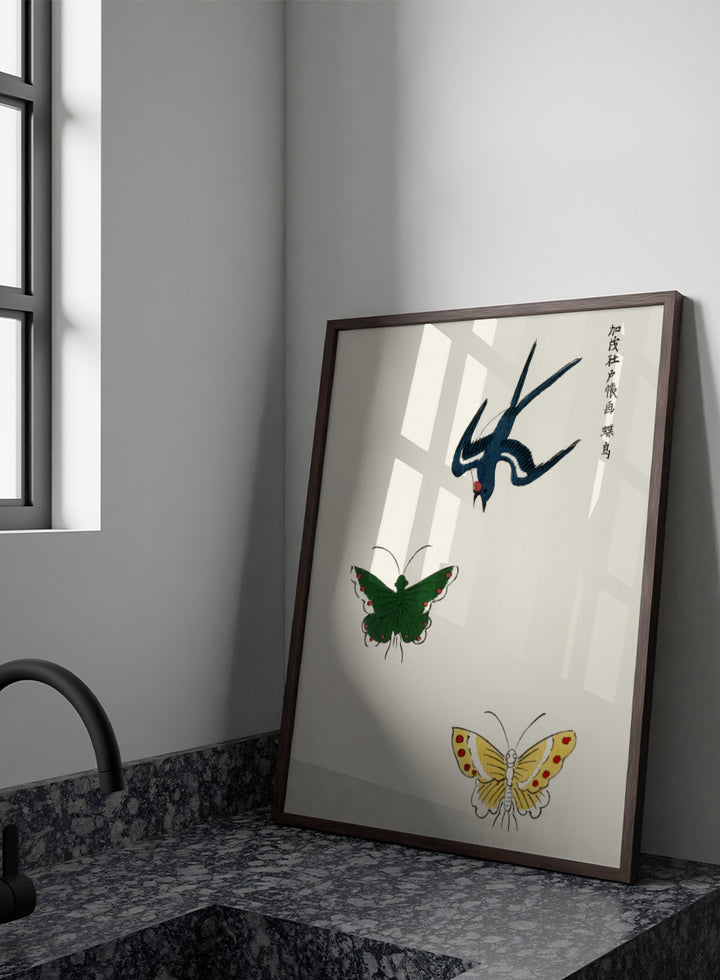 Swallow and Butterflies by Taguchi Tomoki from Yatsuo no Tsubaki is a vintage Japanese woodblock art print featuring a blue swallow and colorful butterflies on warm ivory.