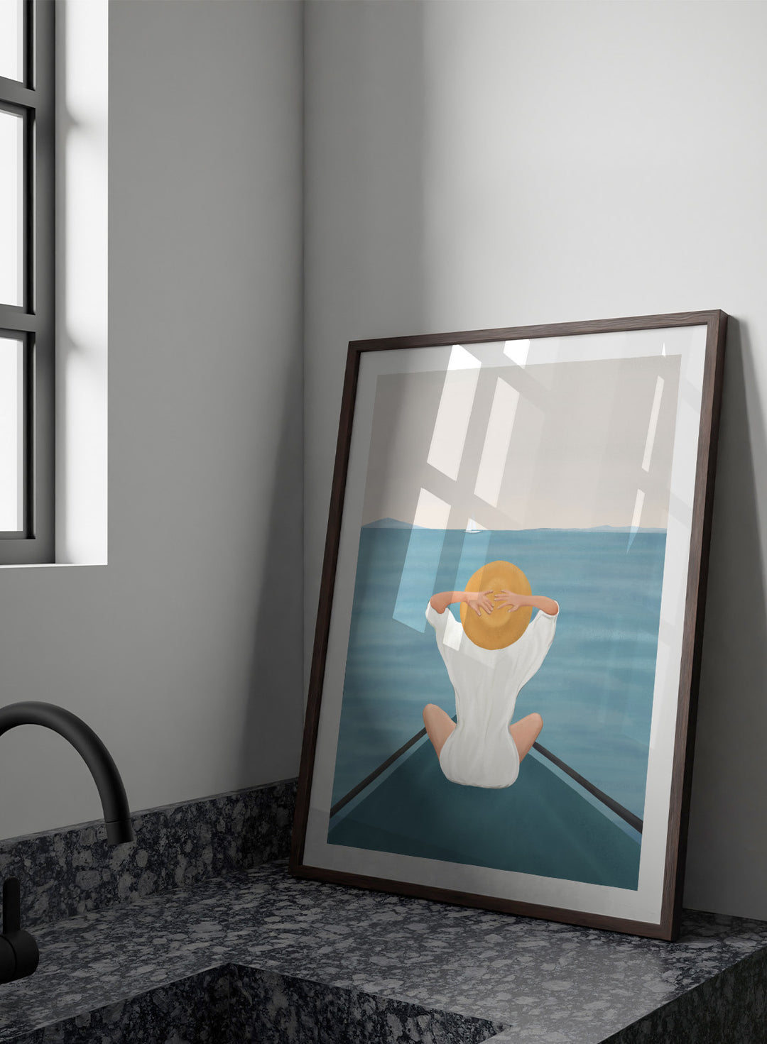 Person sitting on a dock over water wearing a white dress and straw hat. Ocean Escape by Flow Line features a woman sitting on a boat overlooking the sea, creating a coastal art print inspired by travel, summer, and ocean living.