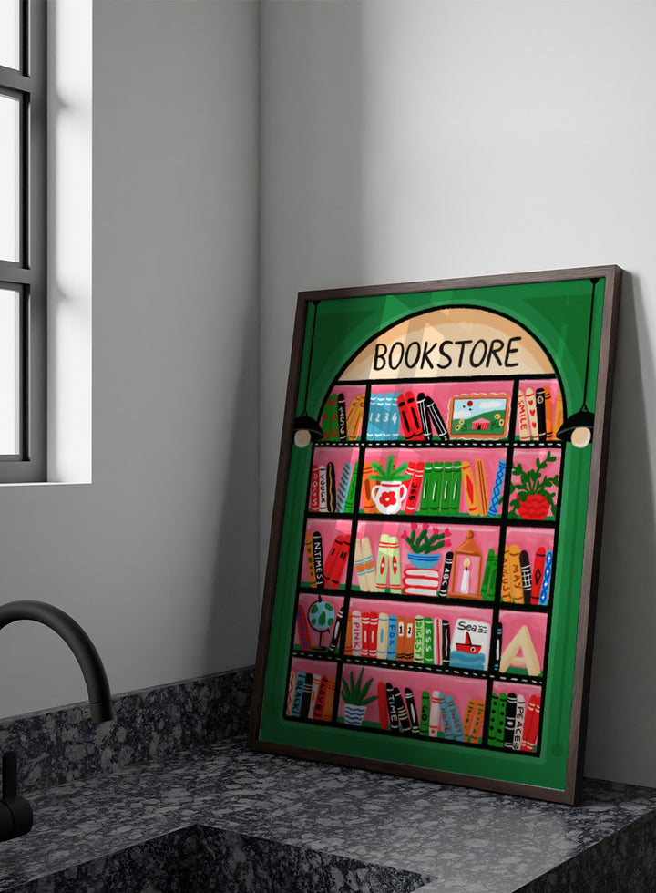 A colorful illustrated storefront sign for a bookstore, showing an arched window with shelves of books, plants, and small objects in bright pink, green, orange, blue, and yellow tones. Shop Charming Bookstore Shelf by Nidhi Kachhadiya, a colorful bookstore wall art print with bookshelves, plants, graphic shapes, and bold pink and green tones.
