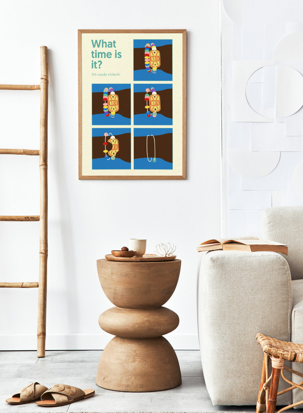 Cartoon character with a candy clock on wrist, asking 'What time is it? It's candy o'clock!' on a blue and brown background. Poster Candy Clock by Rosi Feist is a playful candy bracelet art print with bold Bauhaus design and retro color. Officially licensed modern wall poster.
