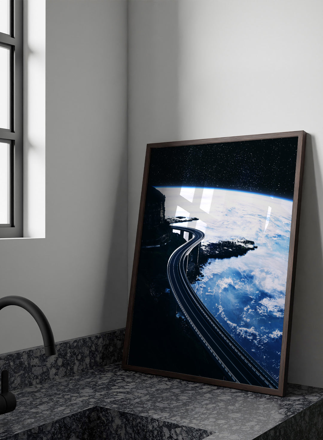Artistic depiction of a road curving around the Earth with a starry night sky. Road To Infinity by Taudalpoi surreal space highway art print with winding road above Earth and starry sky, retro cosmic collage poster wall art.